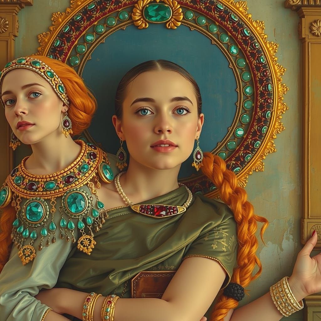 Regal Portrait of a Sovereign Queen with Emerald and Ruby Ad...