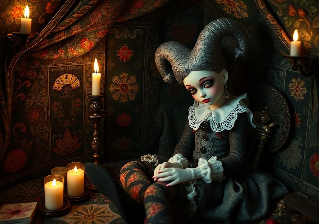 Surreal Patchwork Doll and Bear in Steamnoir Nouveau Style