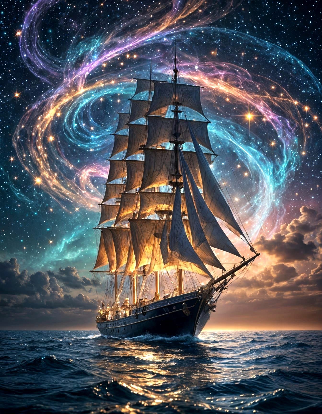 Majestic Sailboat in Cosmic Fantasy Art