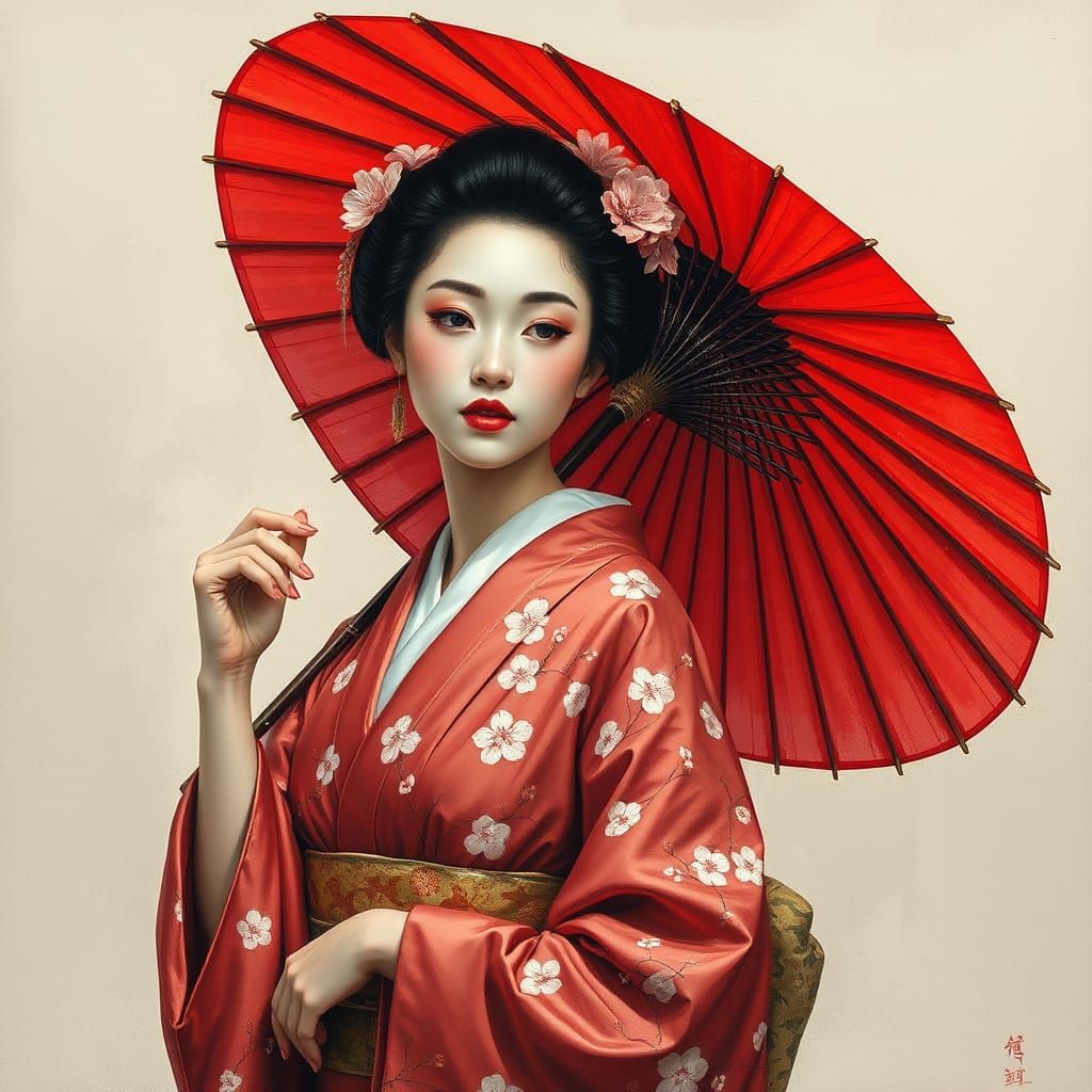 Geisha in Floral Kimono with Parasol: Ukiyo-e Style