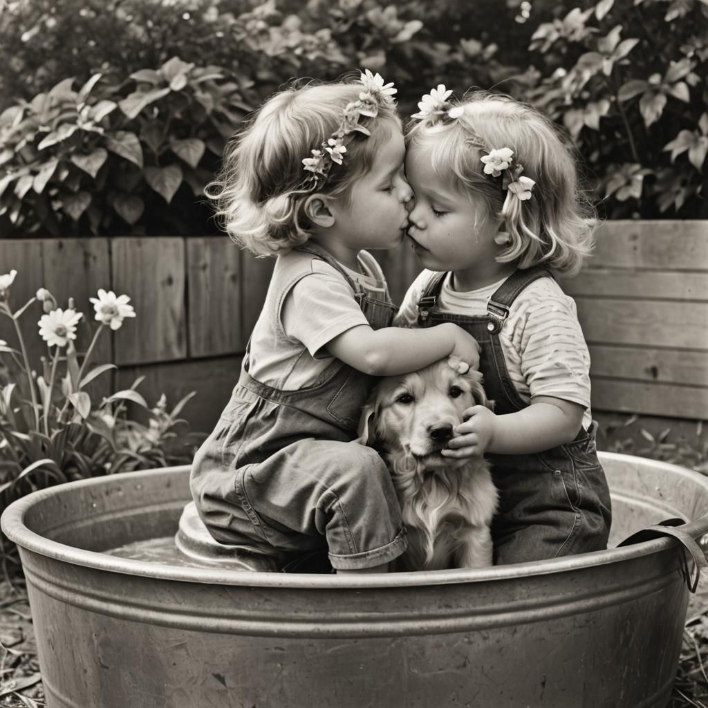 Girl and Golden Retriever Share a Kiss in Tub