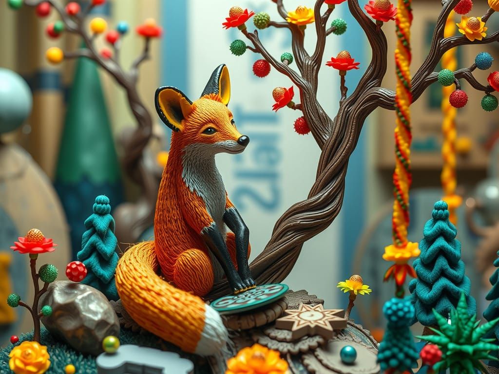 Macrame Fox and Artificial Tree in a Surreal Wonderland