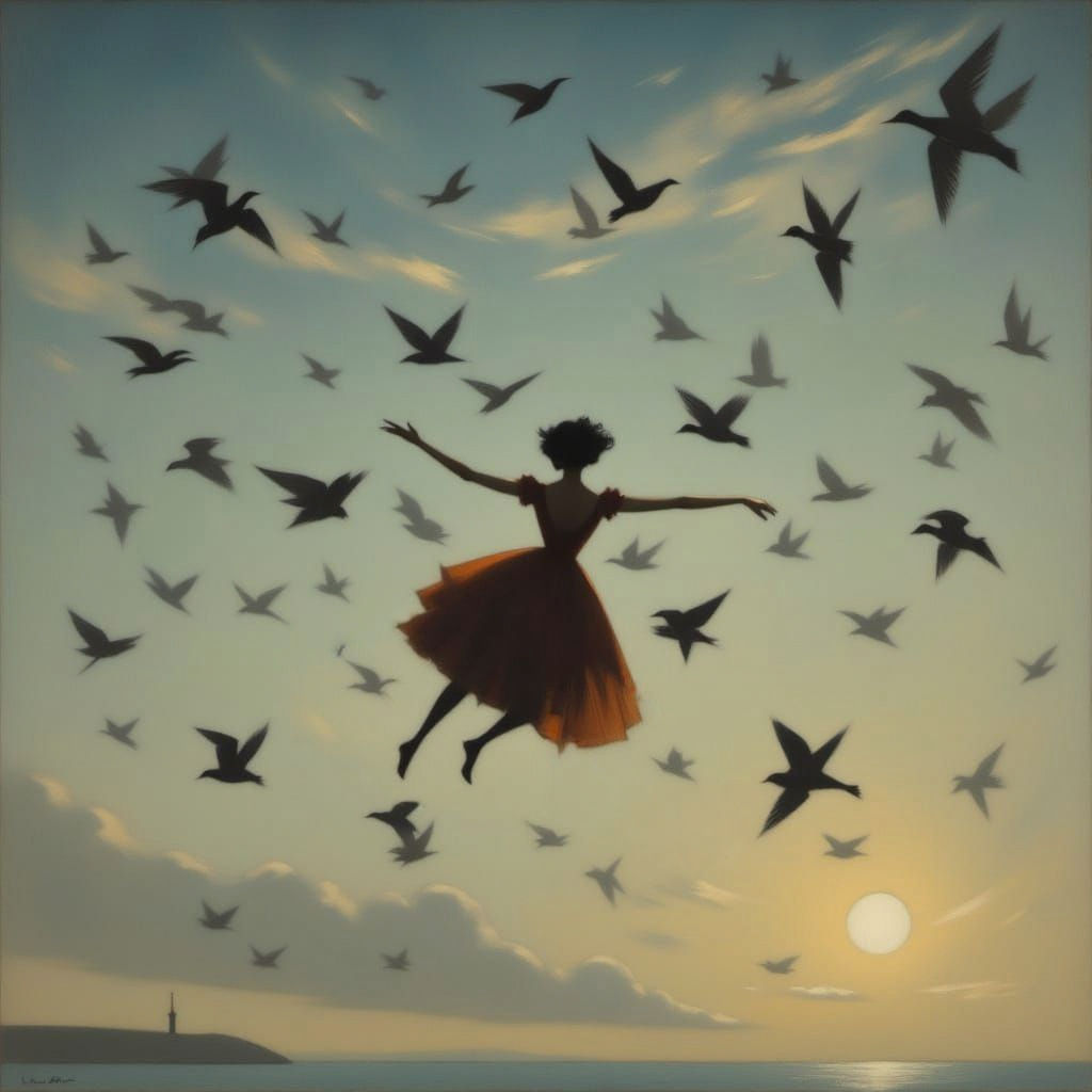 Woman in Evening Dress Flies with Ducks