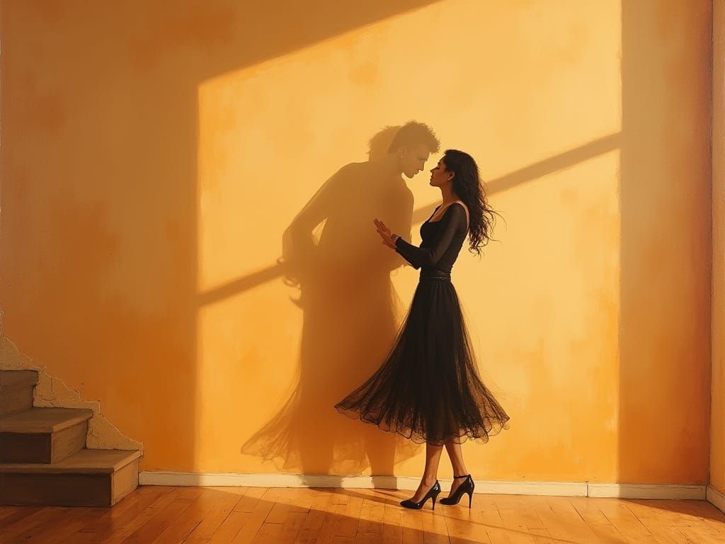 Poetic Oil Painting of Dancing Shadows on Warm Wall