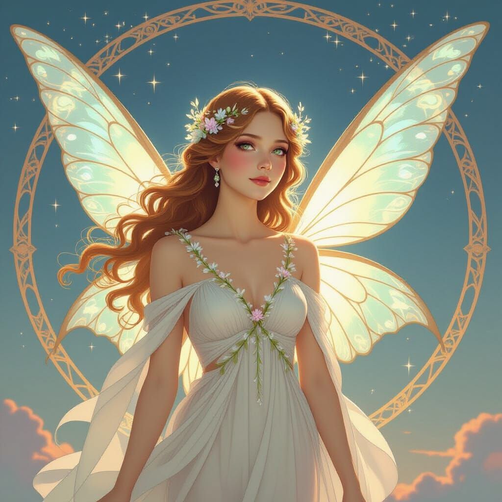 Ethereal Nymph with Translucent Wings in Art Nouveau Style