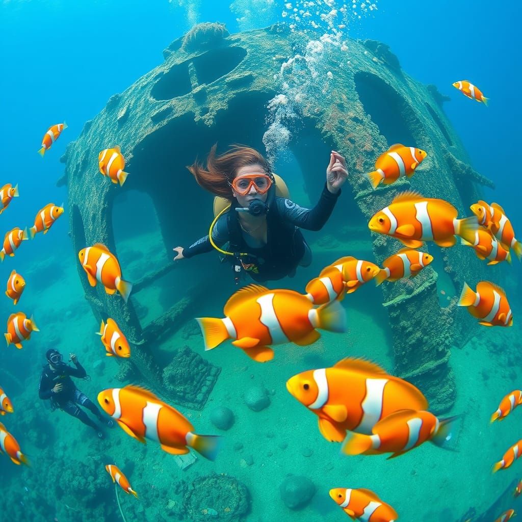 Scuba Diver Explores Shipwreck with Clownfish