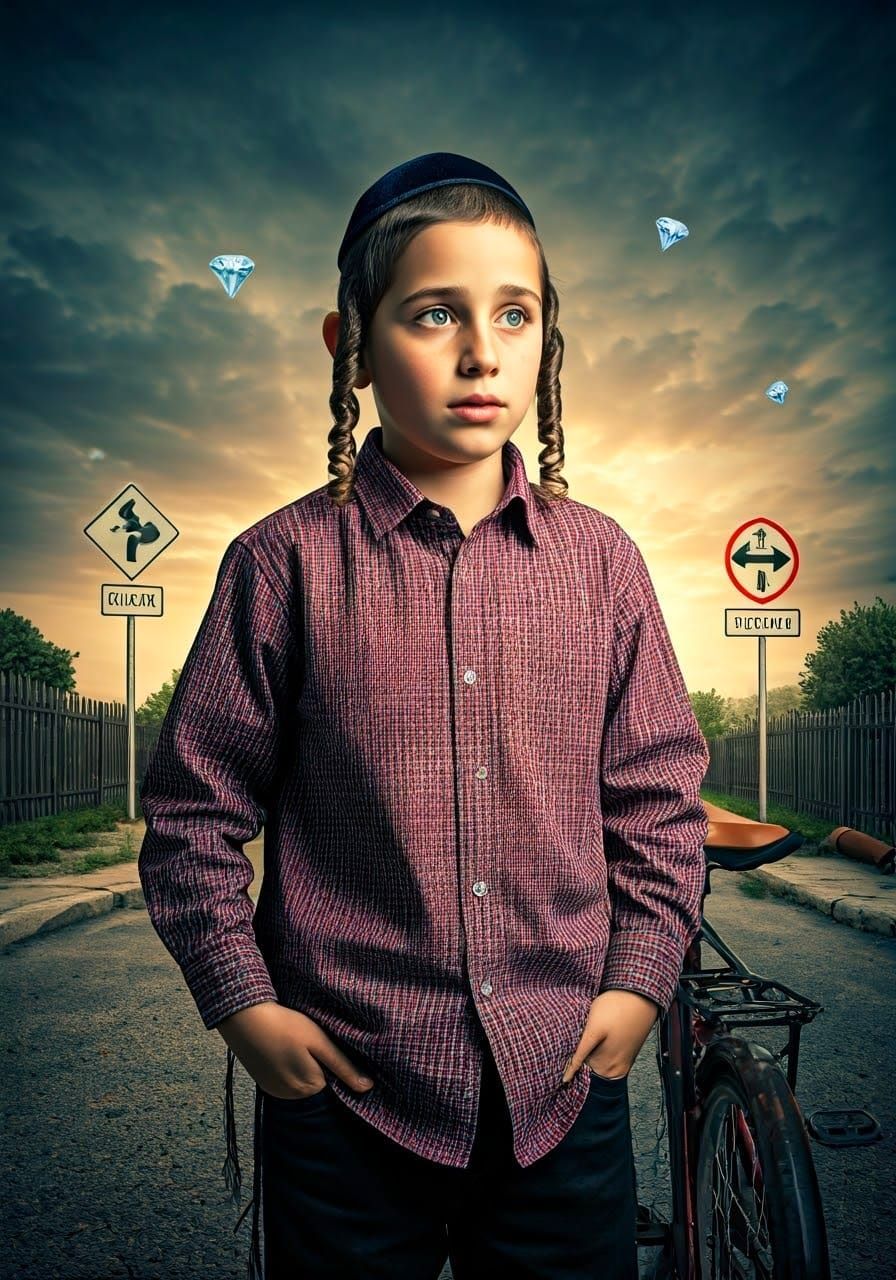 Haredi Jewish Boy in Traditional Attire with Bicycle