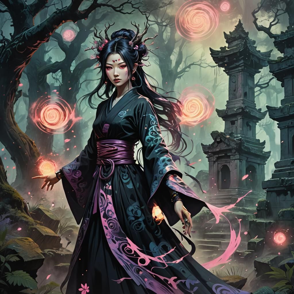 Punk Sorceress in Japanese Dark Fantasy Style