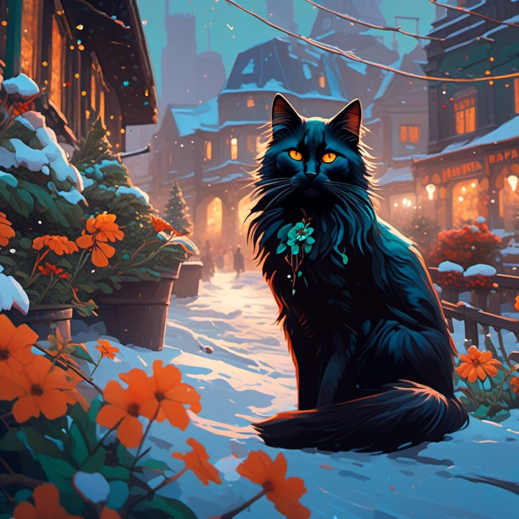 Long-Haired Black Cat in Snow and Flowers
