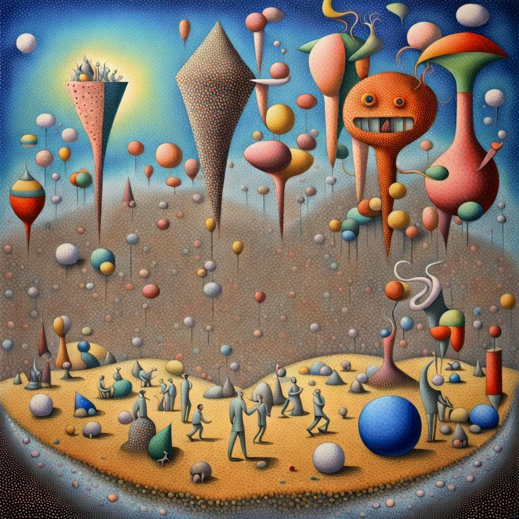 Surreal Pointillist Composition of a Bizarre World