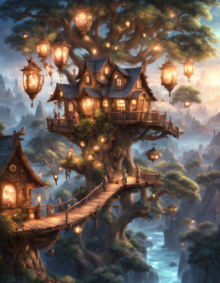 Enchanted Treehouse Village in Whimsical Woodland