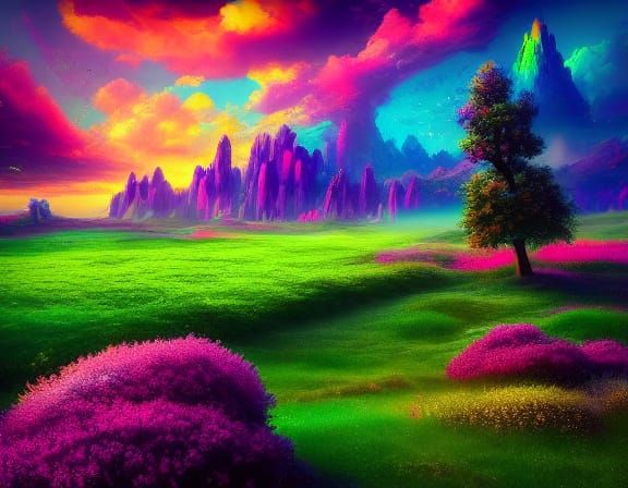 Vibrant Fantasy Landscape in Whimsical Hills and Colourful S...