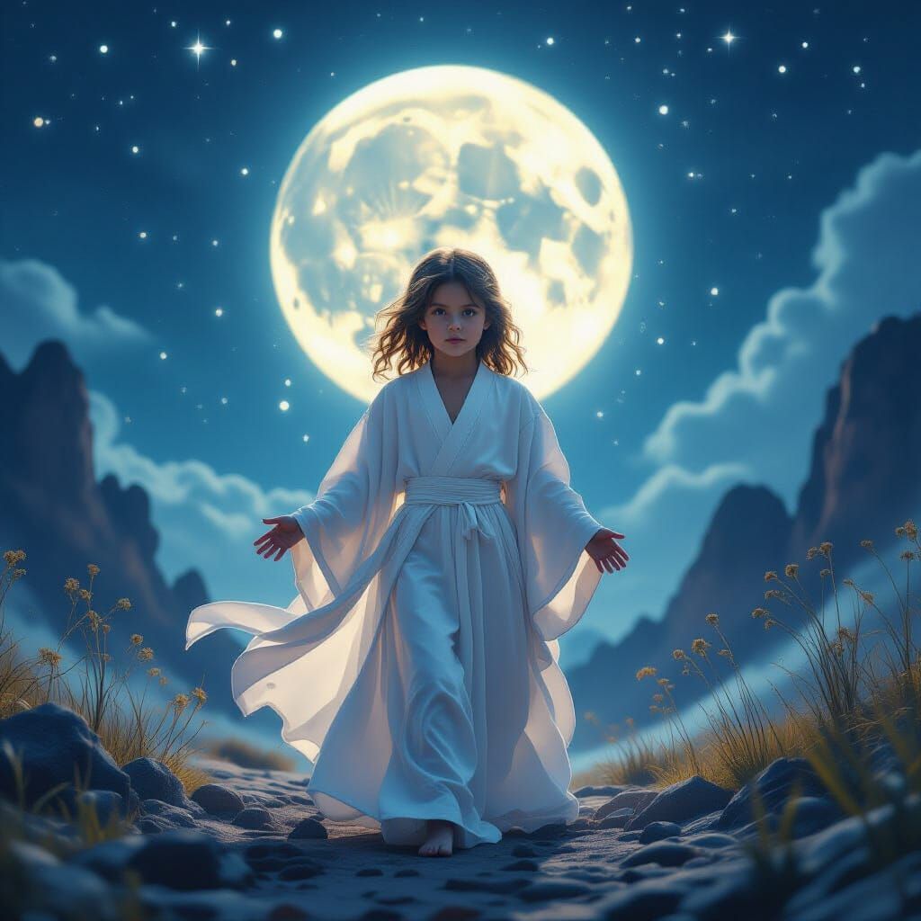 Mystical Moonlit Child in Cosmic Battle