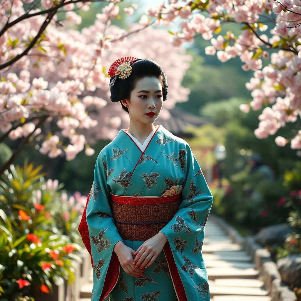 Elegant Geisha in Turquoise Kimono amidst Vibrant Cherry Blo...