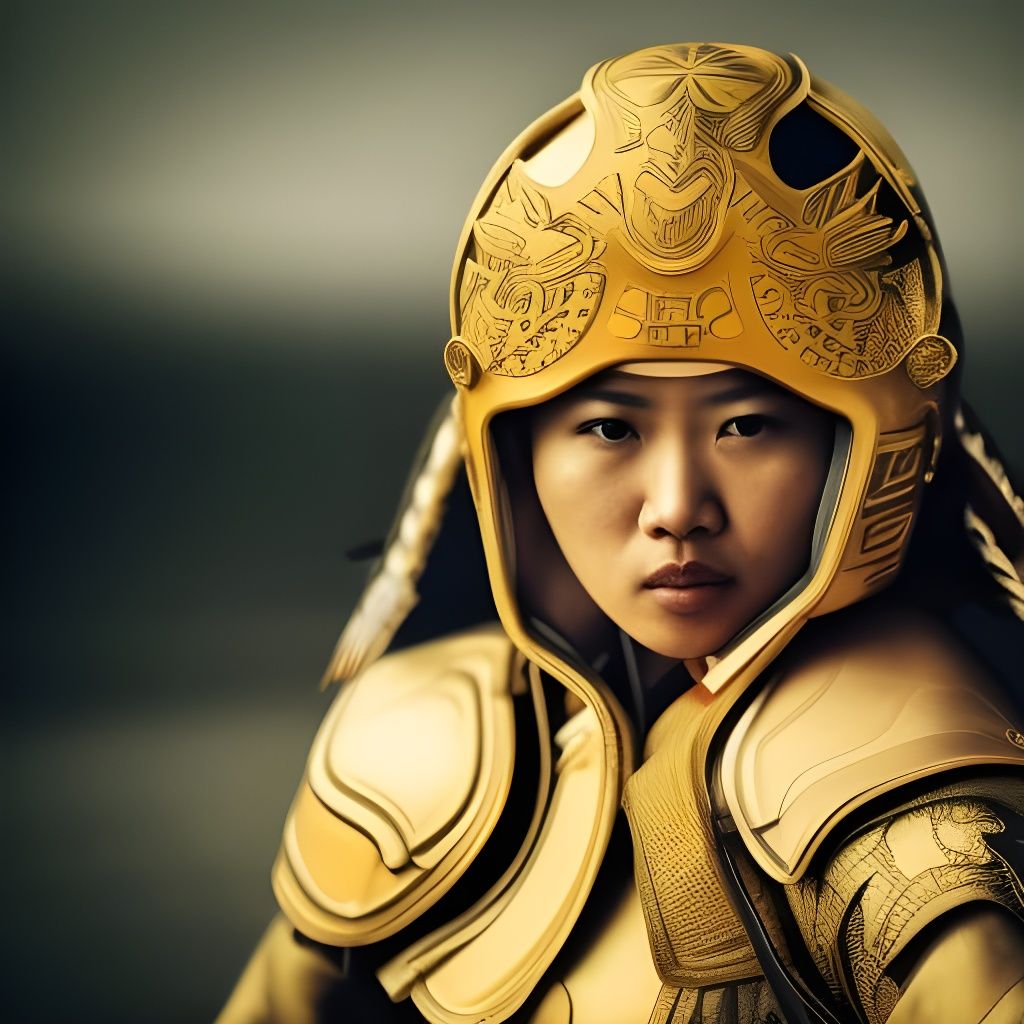 Asian Female Fighter in Golden Helmet