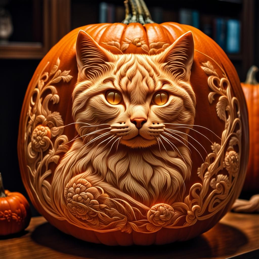 Illuminated Cat Carved Pumpkin with Kitten
