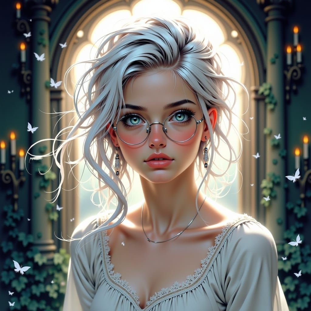 Serene Woman in Ethereal Mist, Soft-Focus Portrait with Eleg...