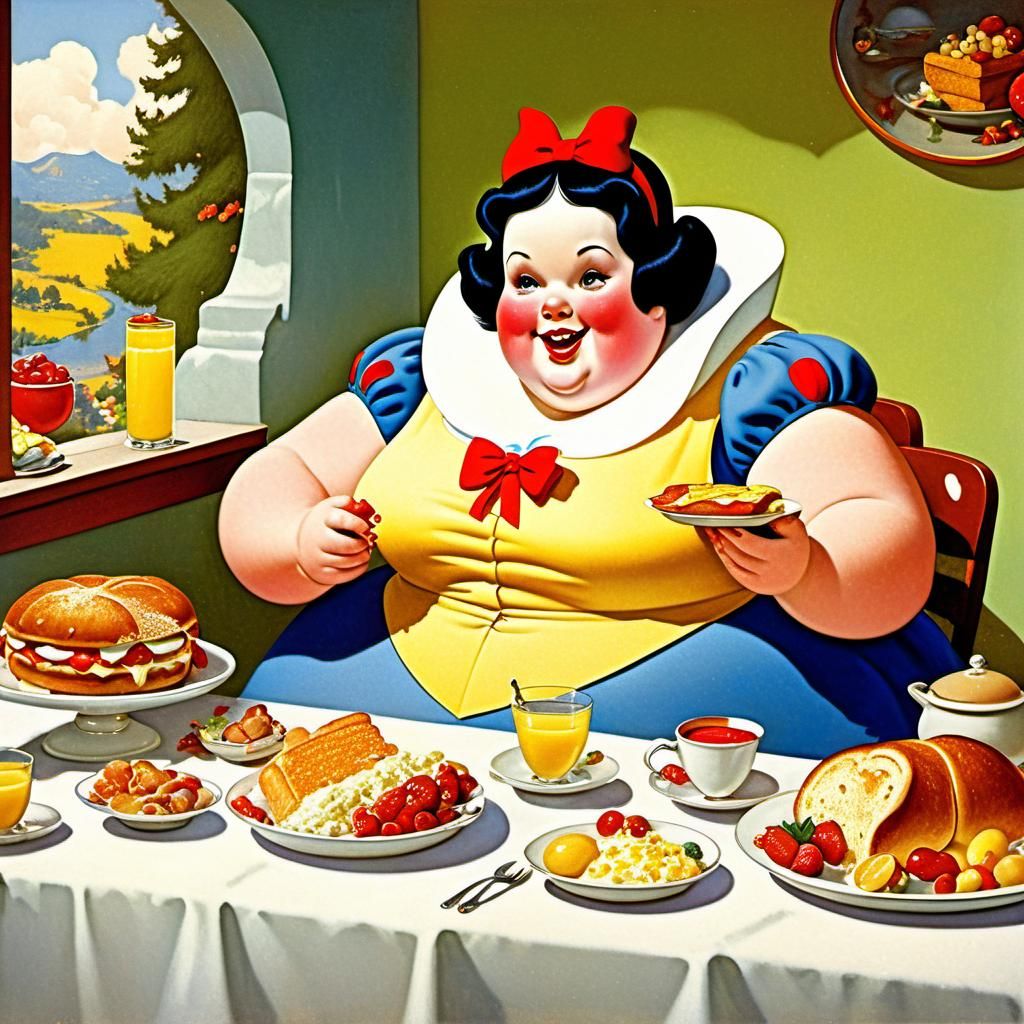 Obese Snow White's Big Breakfast: Vintage Illustration