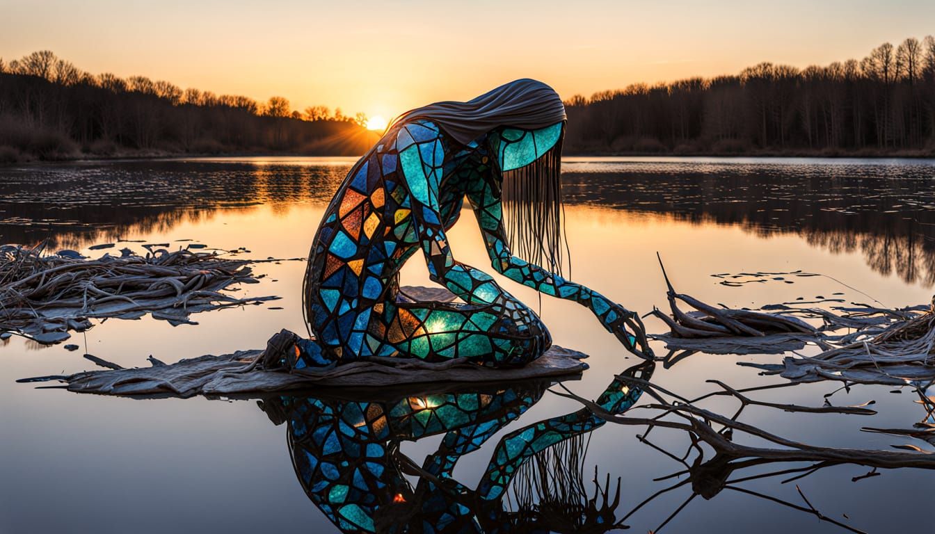 Surreal Sculpture of Woman at Sunset with Cracked Mirrors