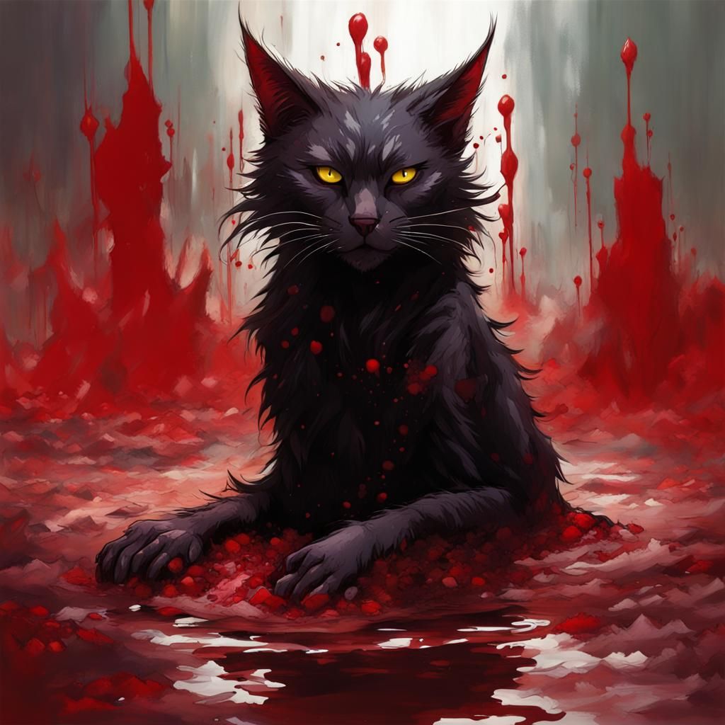 Sinister Cat in Blood Pool, Dark Fantasy Art