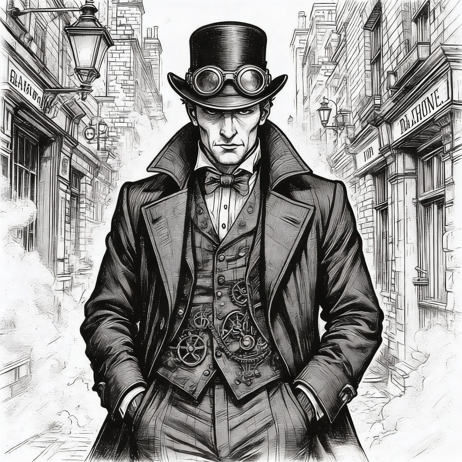 Steampunk Sherlock Holmes in Black and White Manga Style