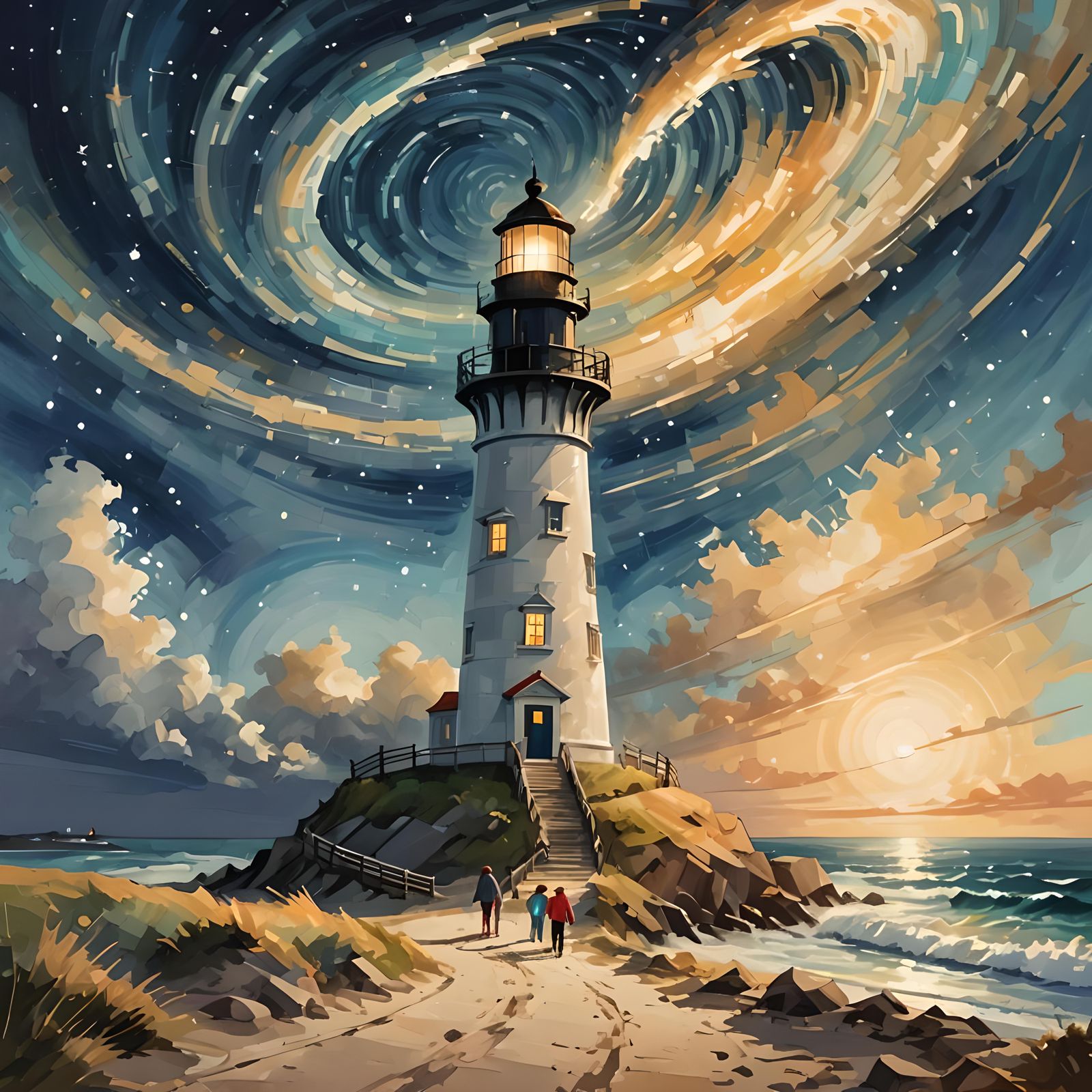 Abstract Lighthouse Scene with Family on Beach