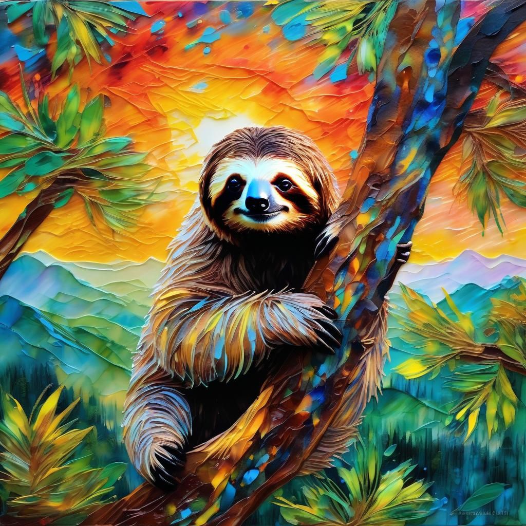 Sloth in Rainforest: Encaustic Painting Inspired by Van Gogh