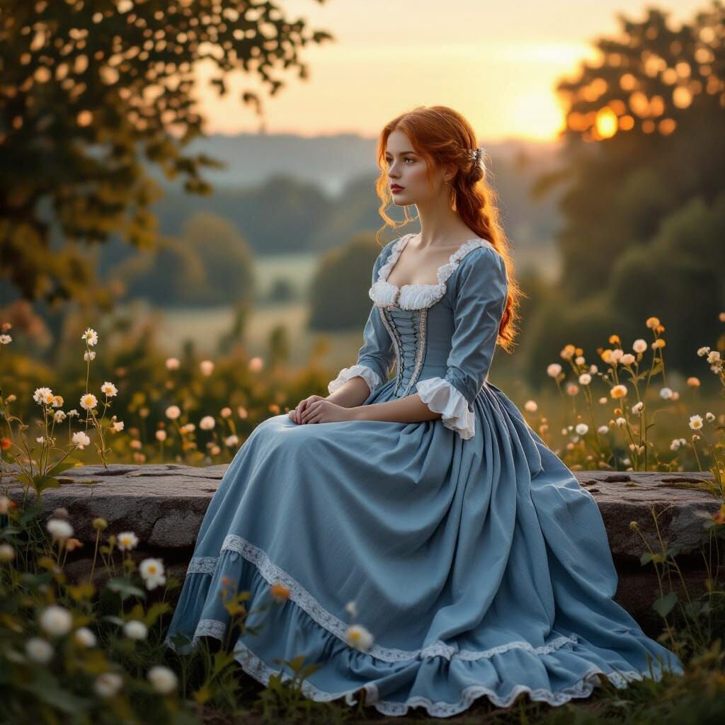 Girl in Biedermeier Dress at Sunrise