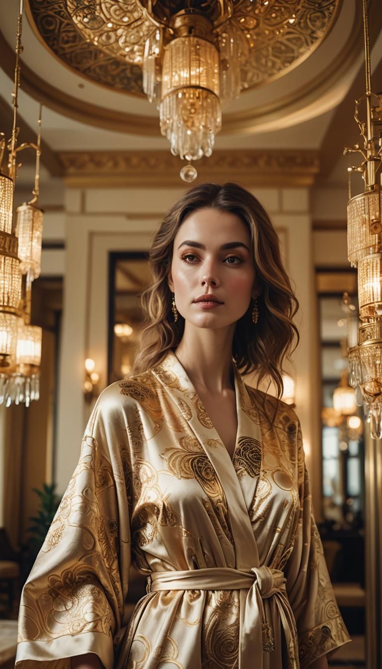 Elegant Woman in Silk Robe Inspired by Klimt