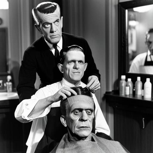 Frankenstein's monster sitting in a barbershop getting Haircut.