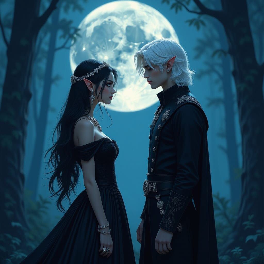 Goth Elf Girl and Human Boy in Moonlit Forest