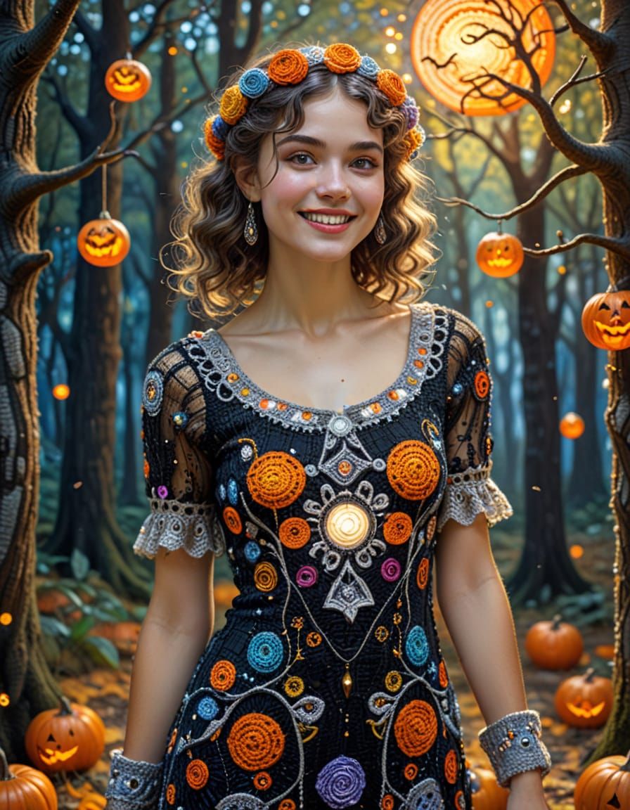 Art Nouveau Woman in Klimt-Inspired Crochet Dress