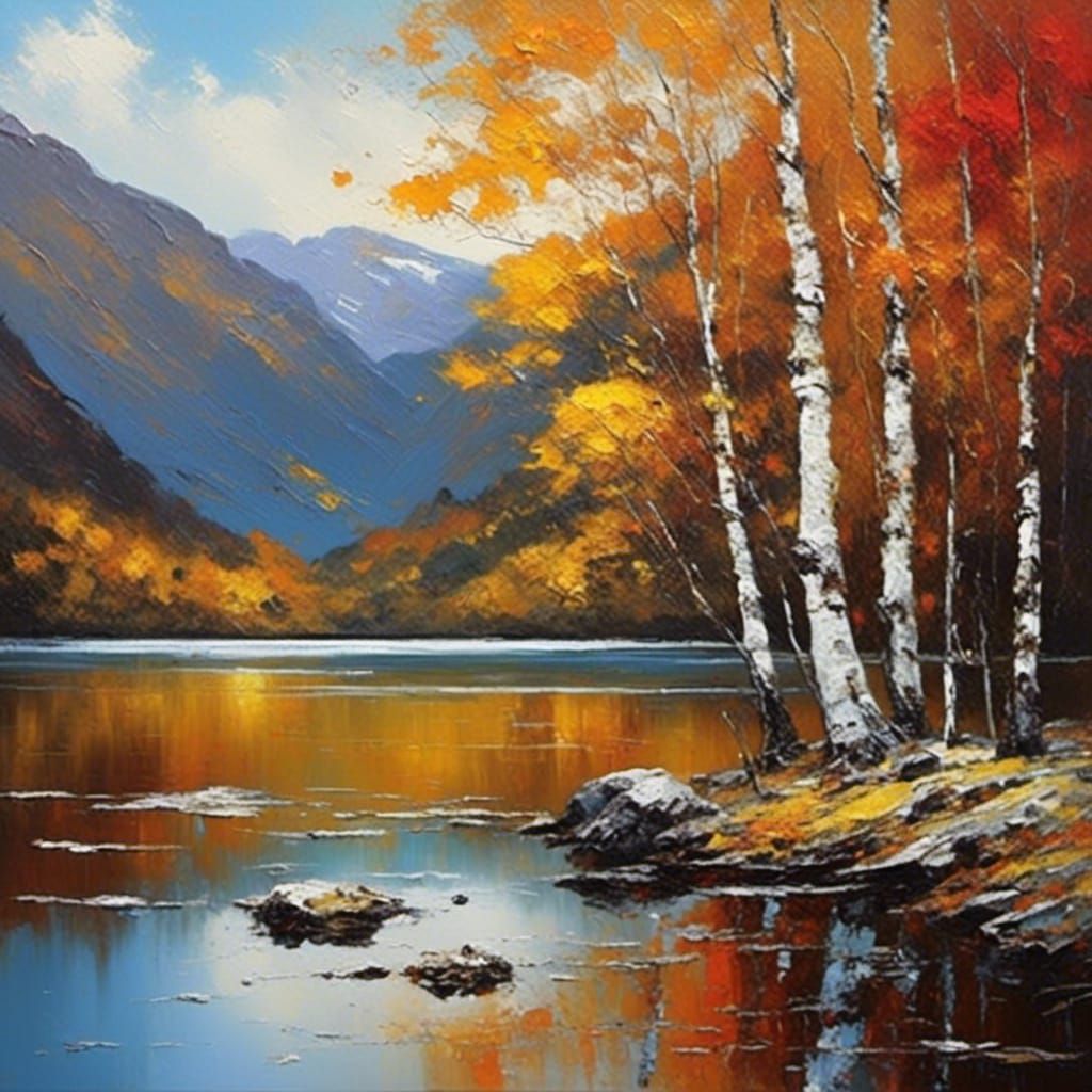 Autumn Mountain Reflections as Impasto Oil Painting