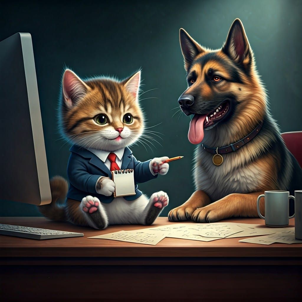 Kitten Boss Directs German Shepherd in Office