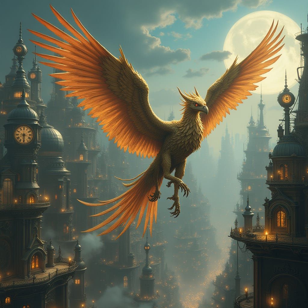 Steampunk Griffin Soaring Over Clockwork City