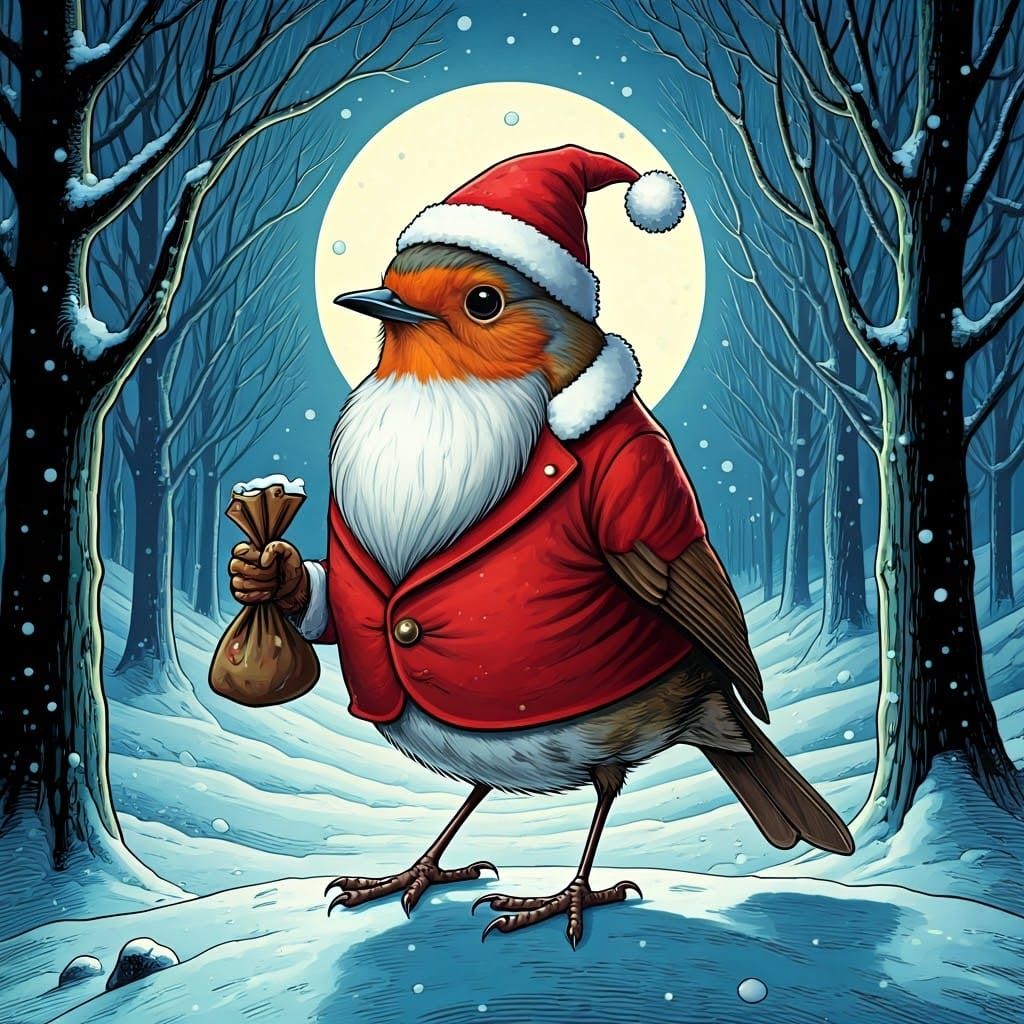Style of Tenniel, a robin dressed as Father Christmas