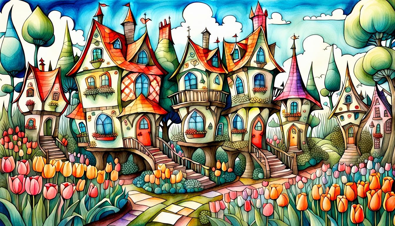 Whimsical Abstract Fantasy Villagescape in Naive Art Style