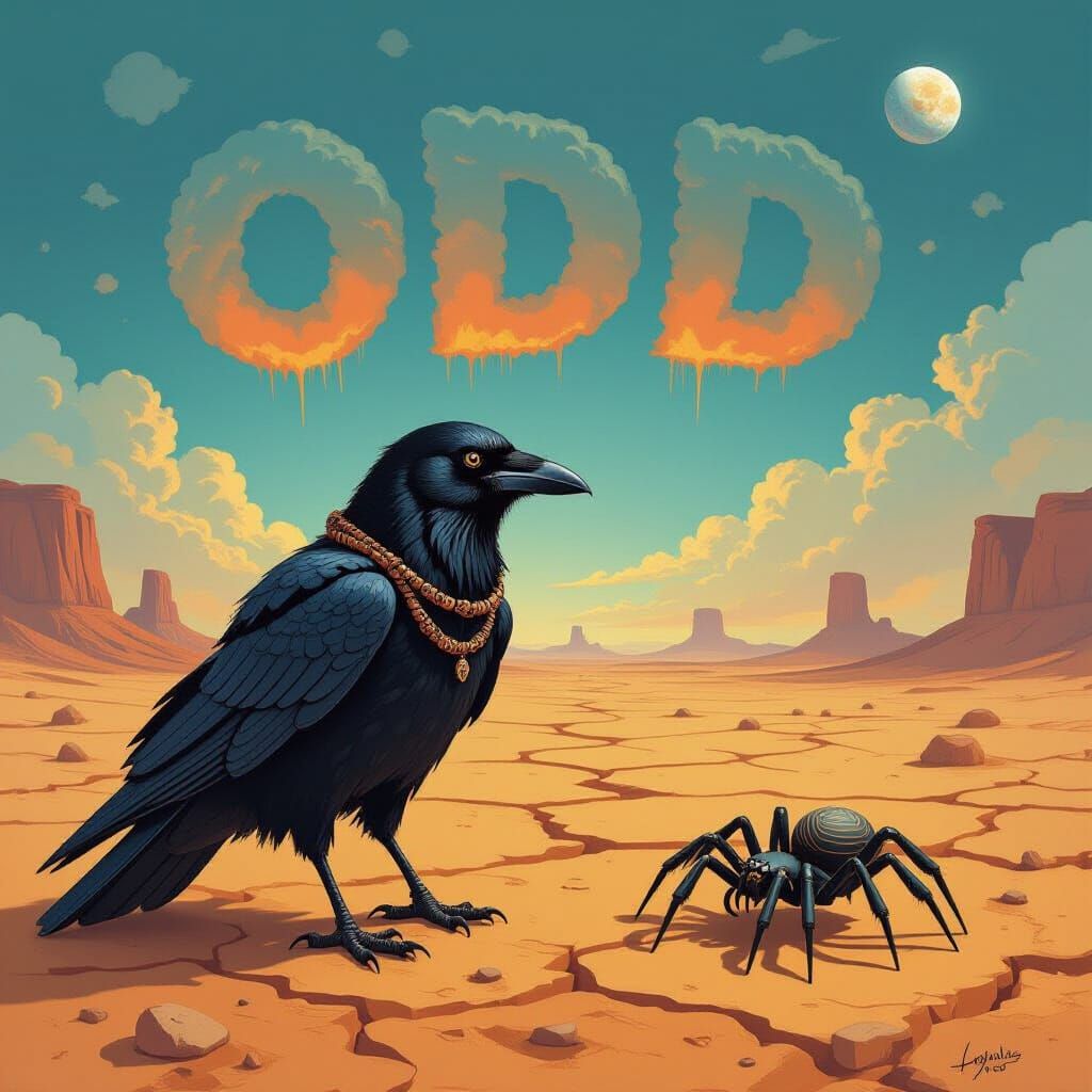 Surreal Desert Scene: Crow, Spider, and Ombre Sky