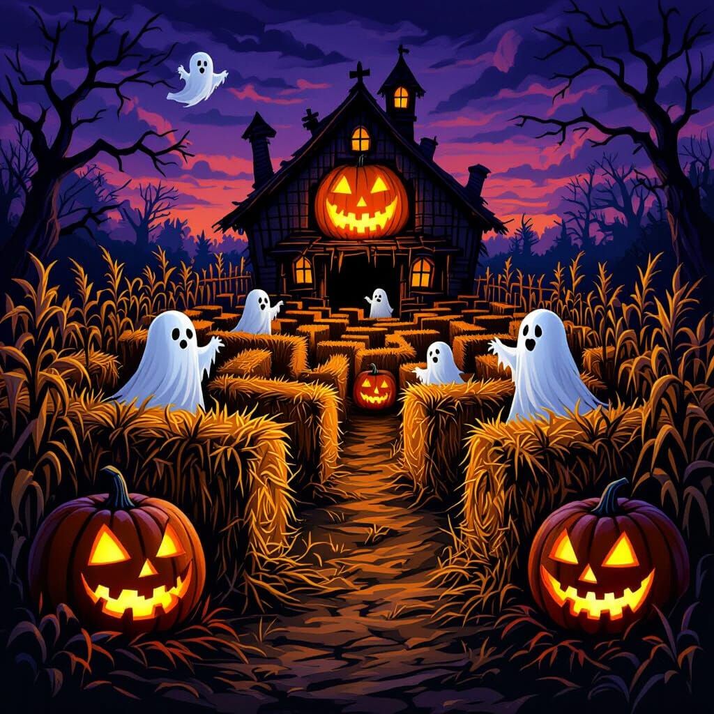 Halloween Maze with Lost Ghosts in Dark Fantasy Style