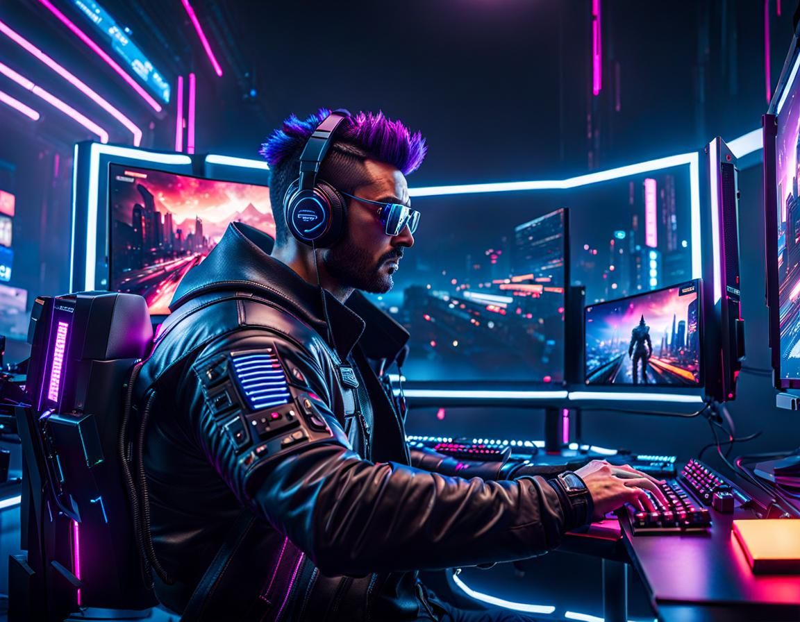 Cyberpunk Gamer in Neon Lit Room