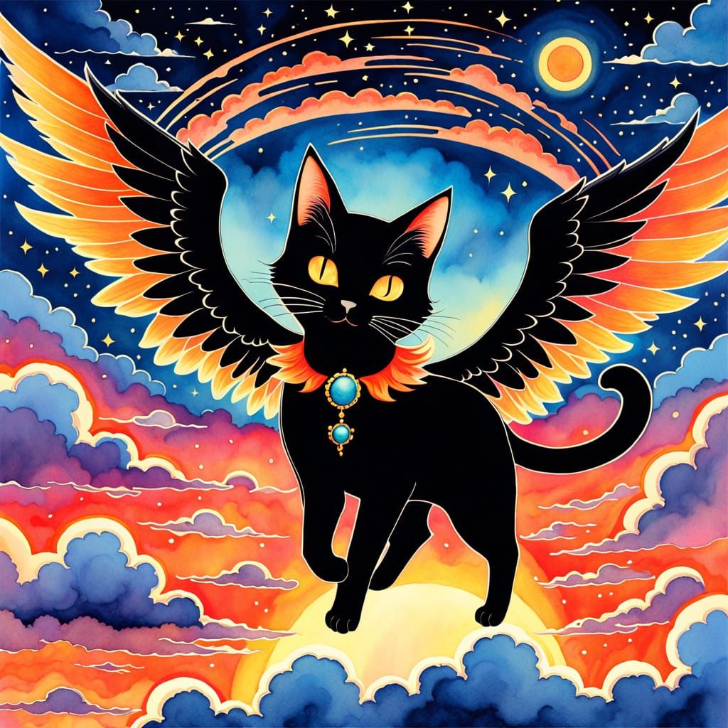 Whimsical Black Cat Angel with Wings in Vintage Storybook St...