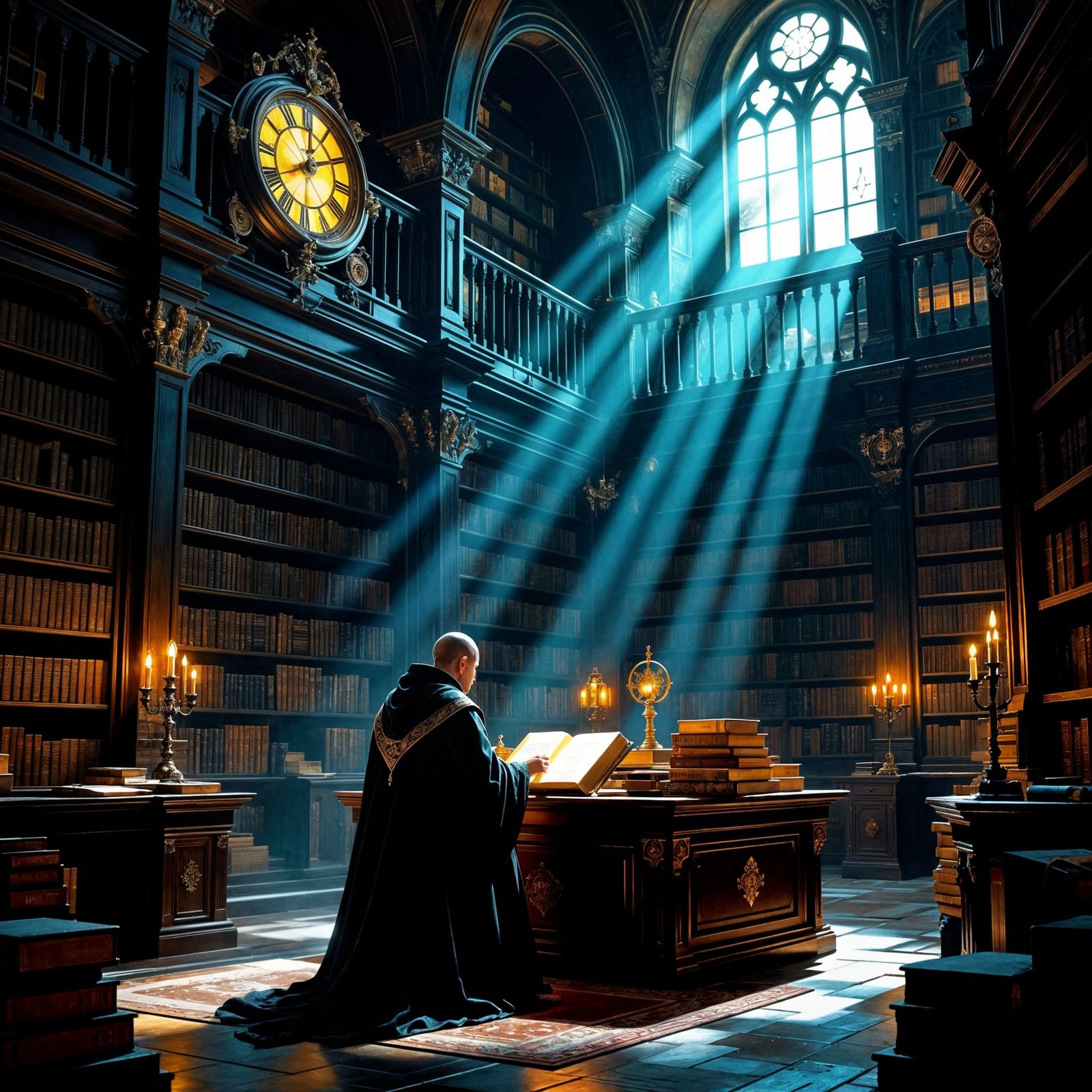 Steampunk Monk Organizes Glowing Books in Dim Library
