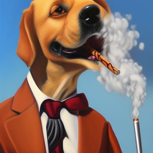 Anthropomorphic Dog Smoking Cigar as Oil Painting