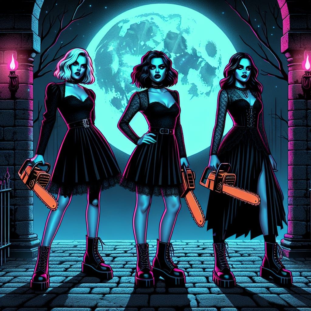 Vampire Women in Neon Castle Courtyard