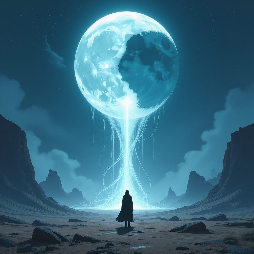 Surreal Figure Drained by Alien Moon in Ethereal Digital Art