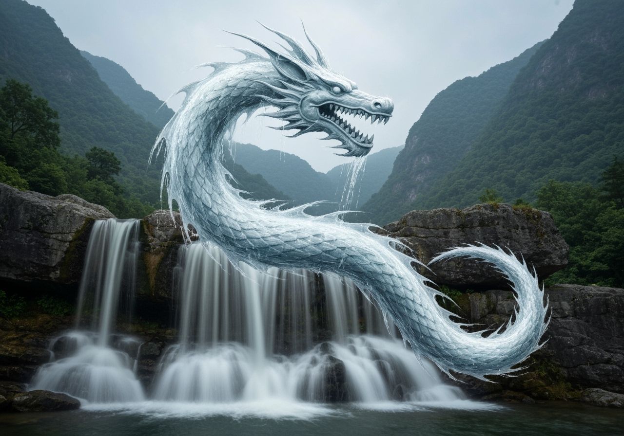 Majestic Water Dragon Emerges From Mountain Waterfall