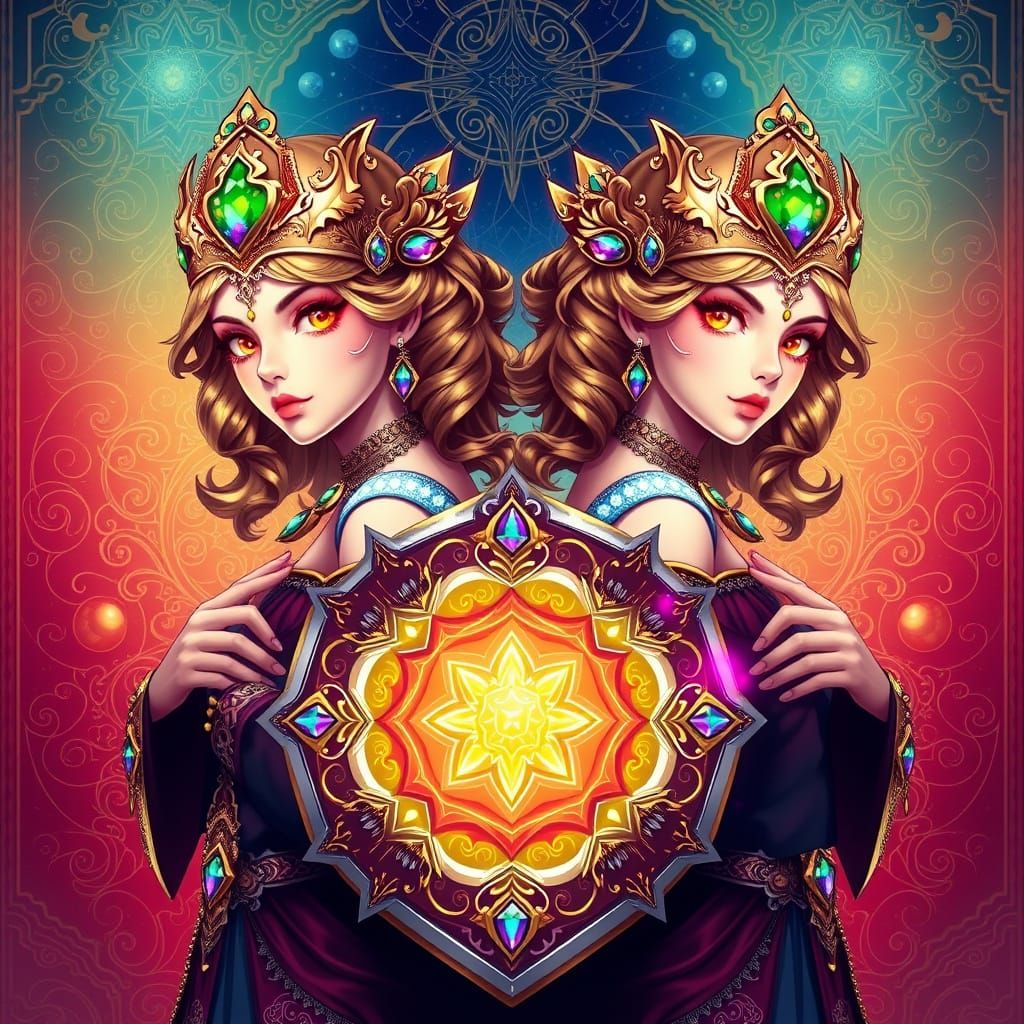 Ornate Digital Artwork of Identical Shield Maidens