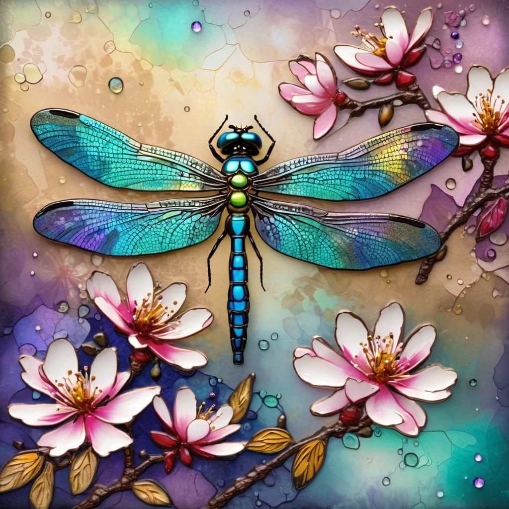 Iridescent Dragonfly on Blossoms in Alcohol-Ink Style