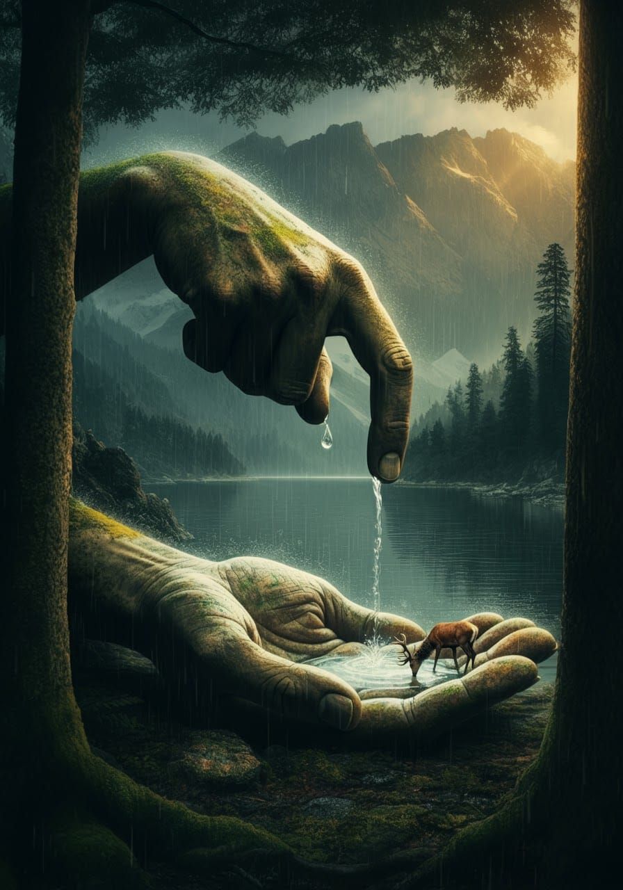 Surreal Stone Hands Emerge During Rainy Forest Day