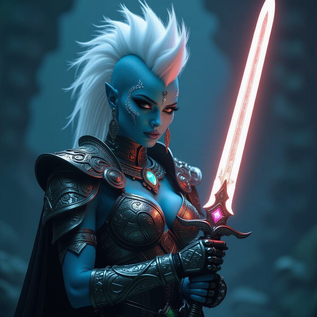 Alien Warrior Queen with Crystal Sword in Sci-Fi Style
